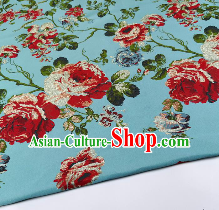 Chinese Classical Roses Pattern Design Blue Brocade Fabric Asian Traditional Hanfu Satin Material