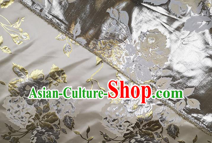 Chinese Classical Roses Pattern Design Grey Brocade Fabric Asian Traditional Hanfu Satin Material