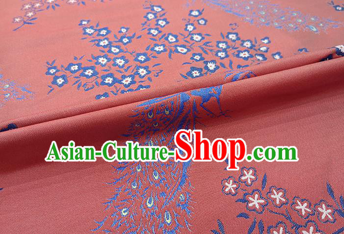 Chinese Classical Peacock Pattern Design Watermelon Red Brocade Fabric Asian Traditional Hanfu Satin Material