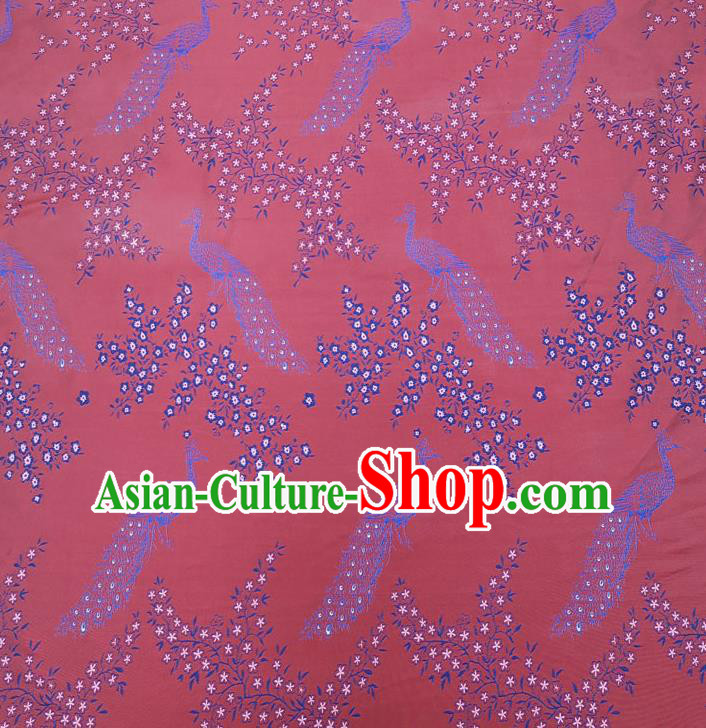 Chinese Classical Peacock Pattern Design Watermelon Red Brocade Fabric Asian Traditional Hanfu Satin Material