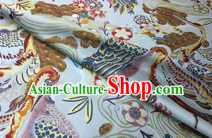 Chinese Classical Crane Pattern Design Light Blue Brocade Fabric Asian Traditional Hanfu Satin Material