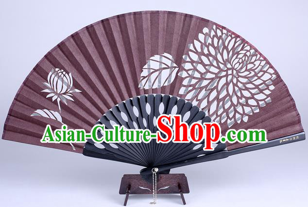 Traditional Chinese Handmade Printing Chrysanthemum Purplish Red Silk Folding Fan China Accordion Fan Oriental Fan