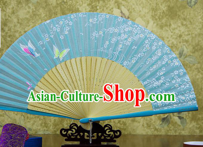 Traditional Chinese Printing Butterfly Blue Silk Fan China Bamboo Accordion Folding Fan Oriental Fan