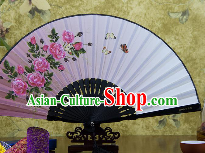 Traditional Chinese Printing Rose Pink Flax Fan China Bamboo Accordion Folding Fan Oriental Fan