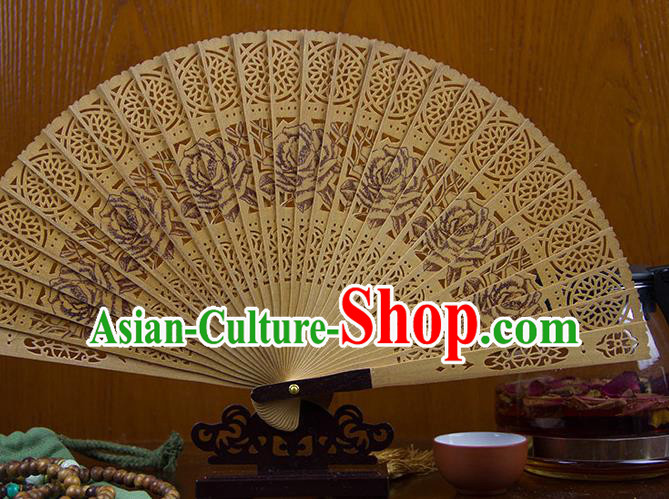Traditional Chinese Hand Painting Roses Sandalwood Fan China Accordion Folding Fan Oriental Fan