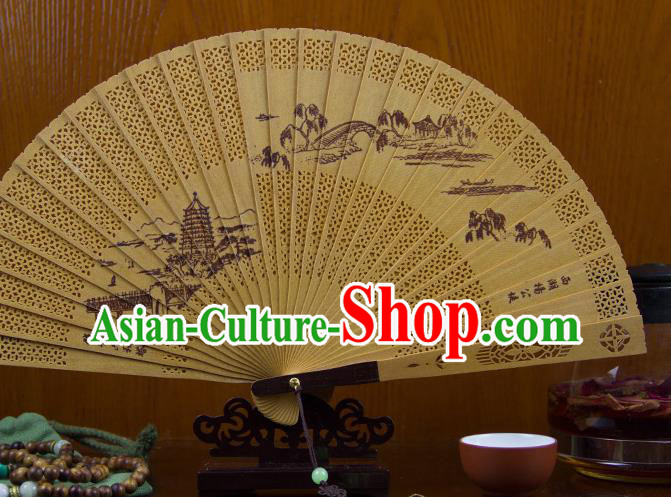 Traditional Chinese Hand Painting West Lake Scenery Sandalwood Fan China Accordion Folding Fan Oriental Fan