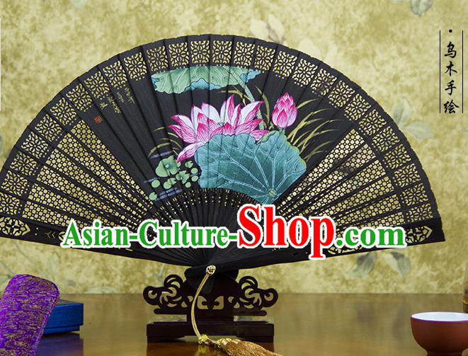 Traditional Chinese Hand Painting Lotus Ebony Fan China Accordion Folding Fan Oriental Fan