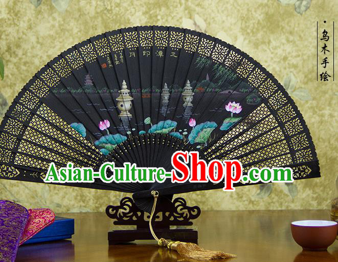 Traditional Chinese Hand Painting West Lake Ebony Fan China Accordion Folding Fan Oriental Fan