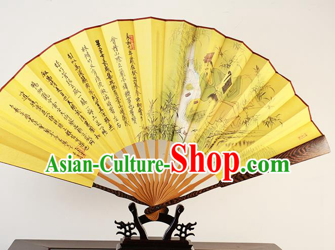 Traditional Chinese Hand Painting Lan Ting Preface Yellow Silk Fan China Accordion Folding Fan Oriental Fan