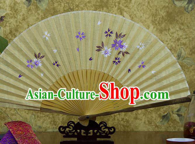 Traditional Chinese Printing Flower Light Yellow Flax Fan China Bamboo Accordion Folding Fan Oriental Fan