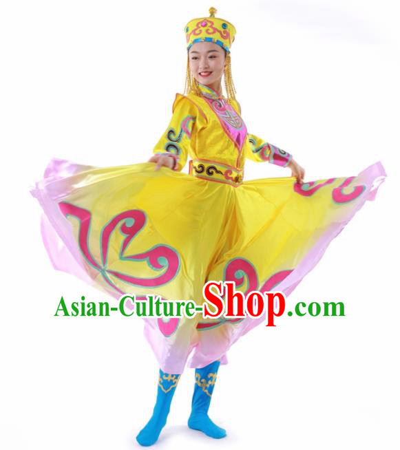 Chinese Mongolian Ethnic Dance Yellow Dress Traditional Mongol Nationality Stage Performance Costume for Women