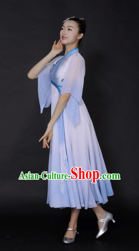 Chinese Fan Dance Umbrella Dance Blue Dress Traditional Classical Dance Stage Performance Costume for Women