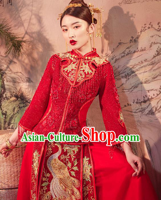 Chinese Traditional Wedding Dress Ancient Bride Embroidered Peacock Xiuhe Suits Costume for Women