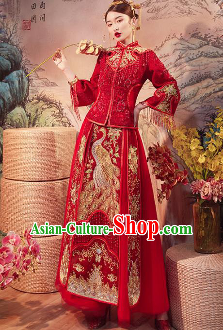 Chinese Traditional Wedding Dress Ancient Bride Embroidered Peacock Xiuhe Suits Costume for Women