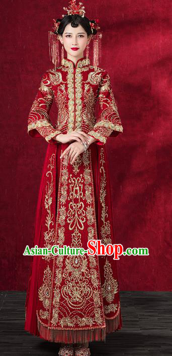 Chinese Traditional Embroidered Red Xiuhe Suits Wedding Dress Ancient Bride Costume for Women