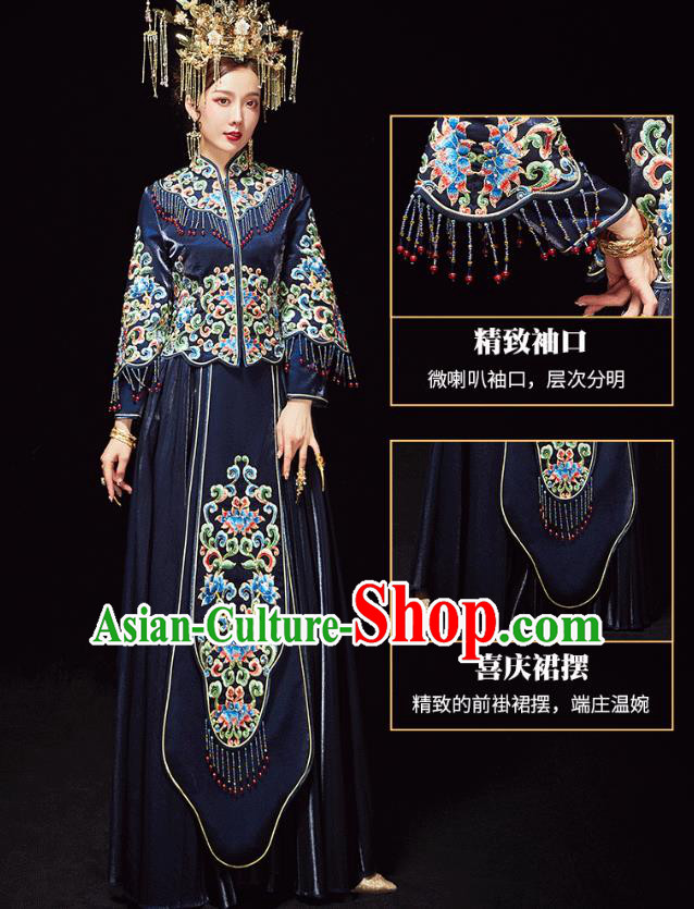Chinese Traditional Embroidered Navy Xiuhe Suits Wedding Dress Ancient Bride Costume for Women