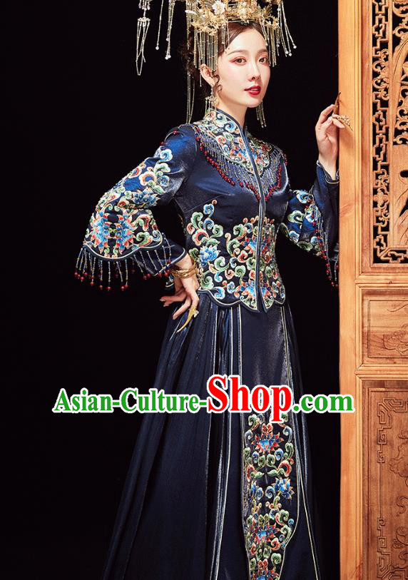 Chinese Traditional Embroidered Navy Xiuhe Suits Wedding Dress Ancient Bride Costume for Women