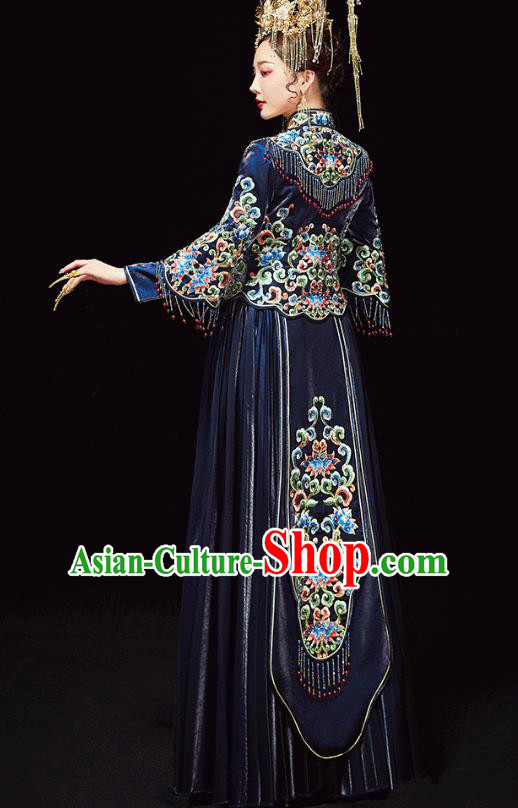 Chinese Traditional Embroidered Navy Xiuhe Suits Wedding Dress Ancient Bride Costume for Women