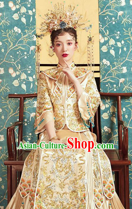 Chinese Traditional Embroidered Golden Xiuhe Suits Wedding Dress Ancient Bride Costume for Women