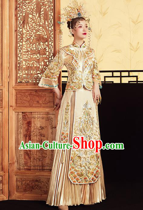 Chinese Traditional Embroidered Golden Xiuhe Suits Wedding Dress Ancient Bride Costume for Women