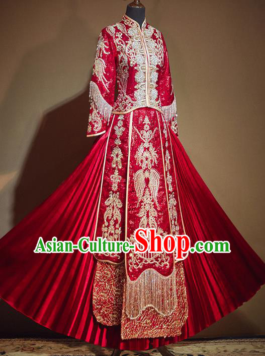 Chinese Traditional Embroidered Red Diamante Tassel Xiuhe Suits Wedding Dress Ancient Bride Costume for Women
