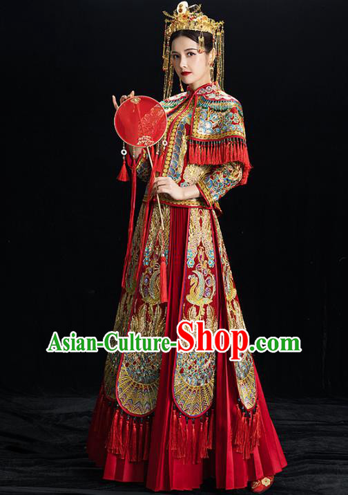 Chinese Traditional Embroidered Phoenix Tassel Xiuhe Suits Wedding Dress Ancient Bride Costume for Women
