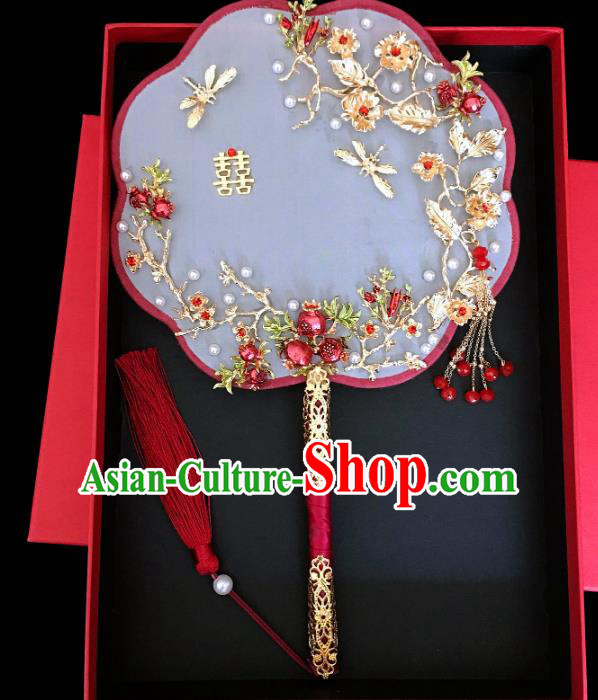 Chinese Traditional Hanfu Handmade Palace Fans Classical Wedding Pomegranate Round Fan for Women