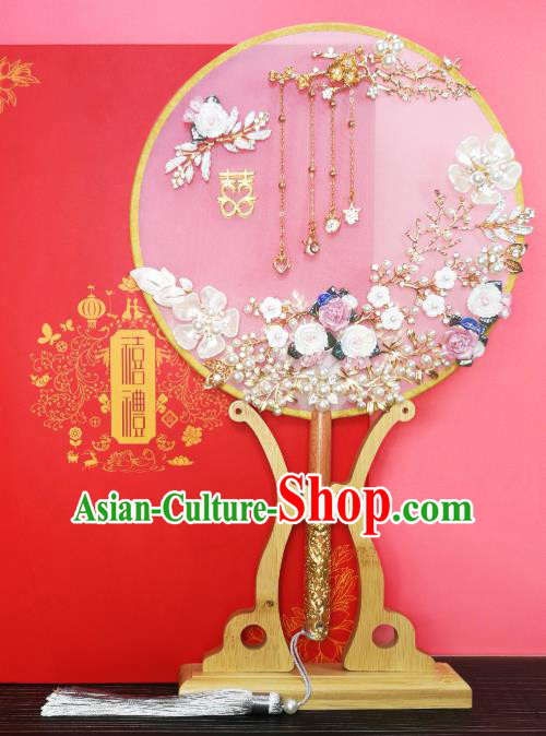 Chinese Traditional Hanfu Handmade Shell Palace Fans Classical Wedding Pomegranate Round Fan for Women