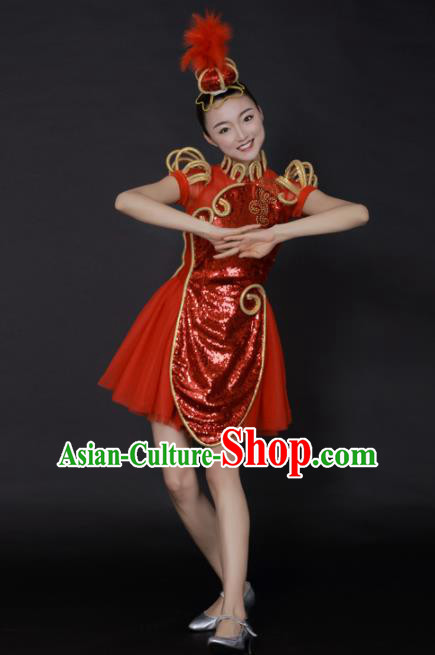 Professional Modern Dance Red Sequins Short Dress Opening Dance Stage Performance Costume for Women
