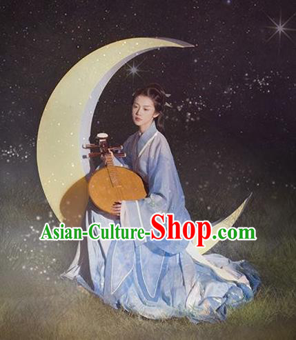 Chinese Traditional Han Dynasty Royal Princess Historical Costume Ancient Goddess Blue Hanfu Dress for Women