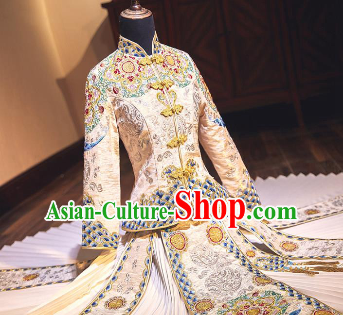Chinese Traditional Embroidered Champagne Xiuhe Suits Wedding Dress Ancient Bride Costume for Women