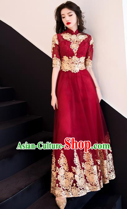 Professional Bride Wine Red Full Dress Compere Stage Performance Costume for Women