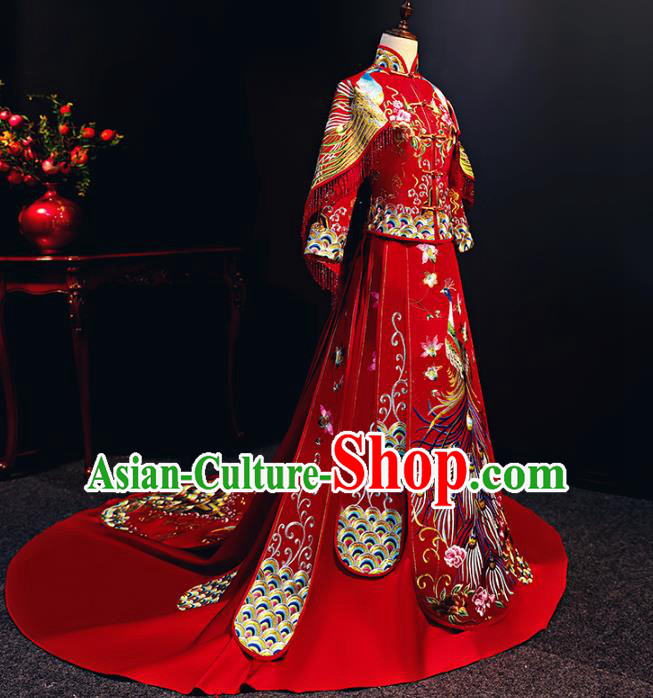 Chinese Traditional Bride Embroidered Trailing Xiuhe Suits Red Wedding Dress Ancient Costume for Women