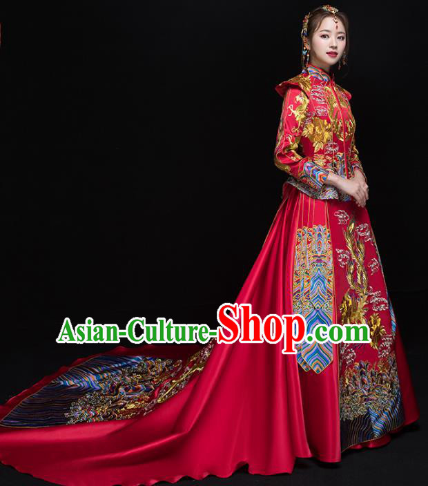 Chinese Traditional Wedding Embroidered Trailing Xiuhe Suits Red Bride Dress Ancient Costume for Women