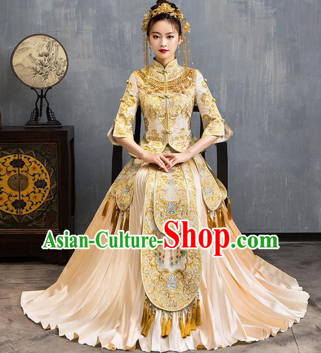 Chinese Traditional Embroidered Golden Xiuhe Suits Wedding Dress Ancient Bride Costume for Women