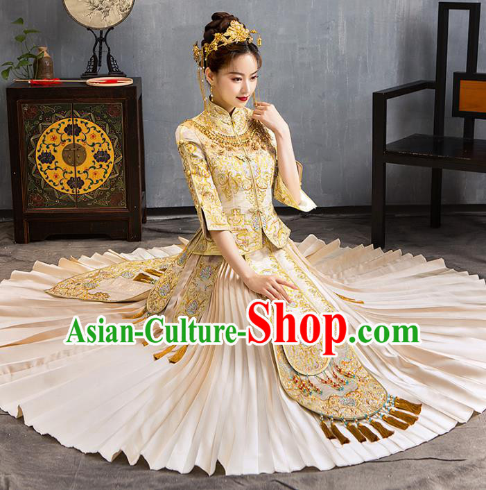 Chinese Traditional Embroidered Golden Xiuhe Suits Wedding Dress Ancient Bride Costume for Women