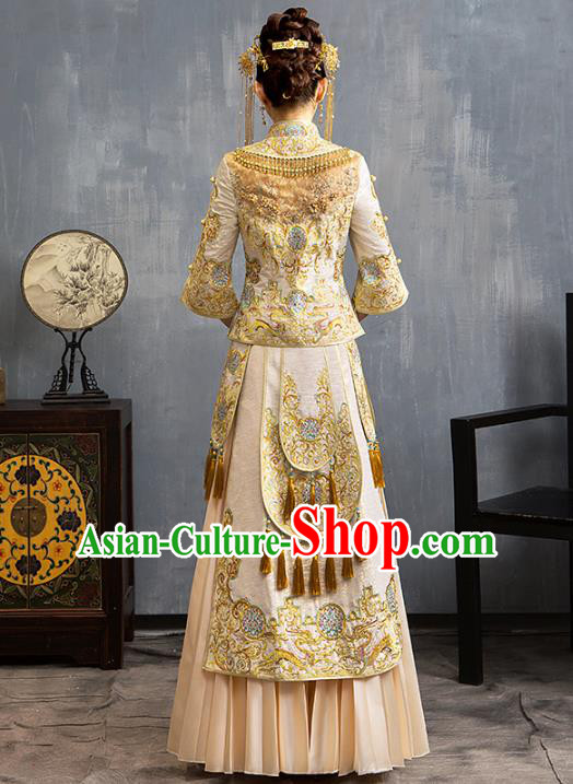 Chinese Traditional Embroidered Golden Xiuhe Suits Wedding Dress Ancient Bride Costume for Women