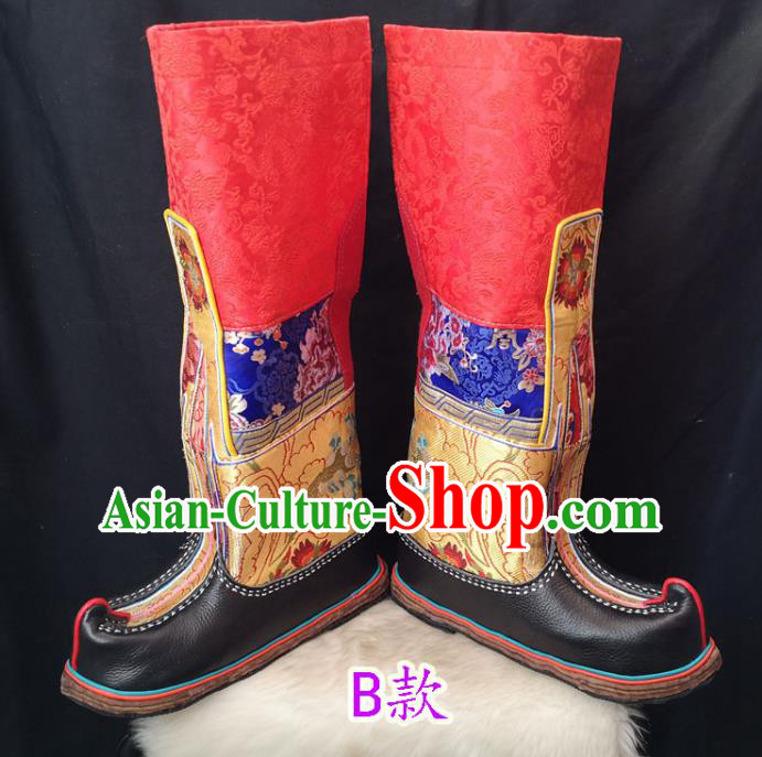 Handmade Chinese Zang Nationality Red Boots Traditional Tibetan Ethnic Shoes for Men