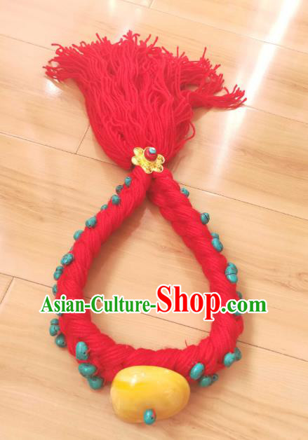 Handmade Chinese Zang Nationality Red Woolen Headband Traditional Tibetan Ethnic Hair Accessories for Women