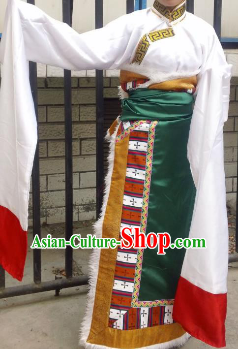 Chinese Zang Nationality Folk Dance Costume Green Tibetan Robe Traditional Ethnic Dress for Women
