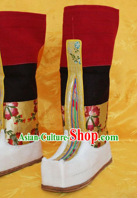 Chinese Zang Nationality Leather Wine Red Boots Handmade Shoes Traditional Tibetan Ethnic Boots for Women
