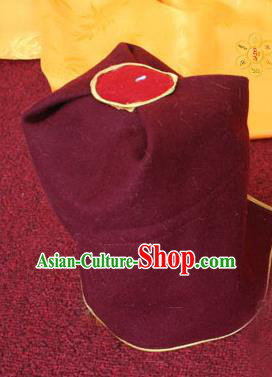 Handmade Chinese Tibetan Buddhism Wine Red Woolen Hat Traditional Zang Nationality Monk Hat for Men
