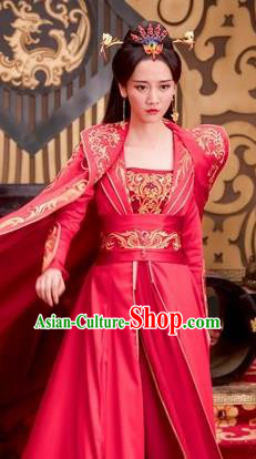 Chinese Ancient Wedding Red Hanfu Dress Drama Devastating Beauty Costume and Headpiece for Women