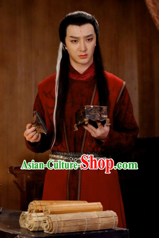 Chinese Ancient Swordsman Historical Drama Devastating Beauty Gu Xi Red Costume and Headpiece for Men