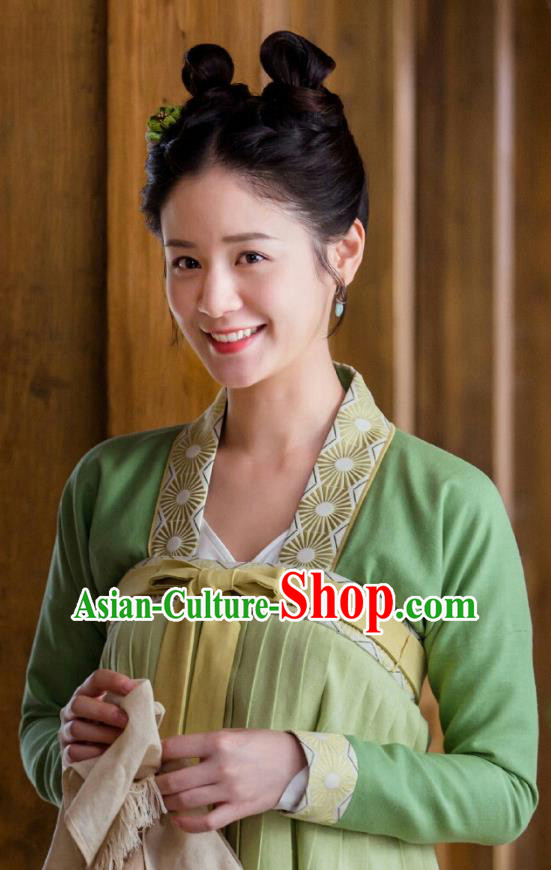 Drama Miss Truth Chinese Ancient Maidservants Wan Lv Dress Tang Dynasty Costume and Headpiece for Women