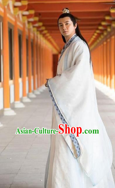 Chinese Ancient Scholar White Clothing Historical Drama Colourful Bone Costume and Headpiece for Men