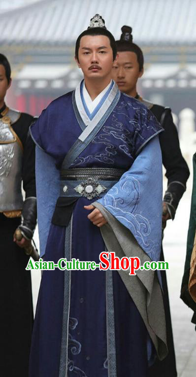 Chinese Ancient Chancellor Feng Ruge Blue Clothing Historical Drama Colourful Bone Costume and Headpiece for Men