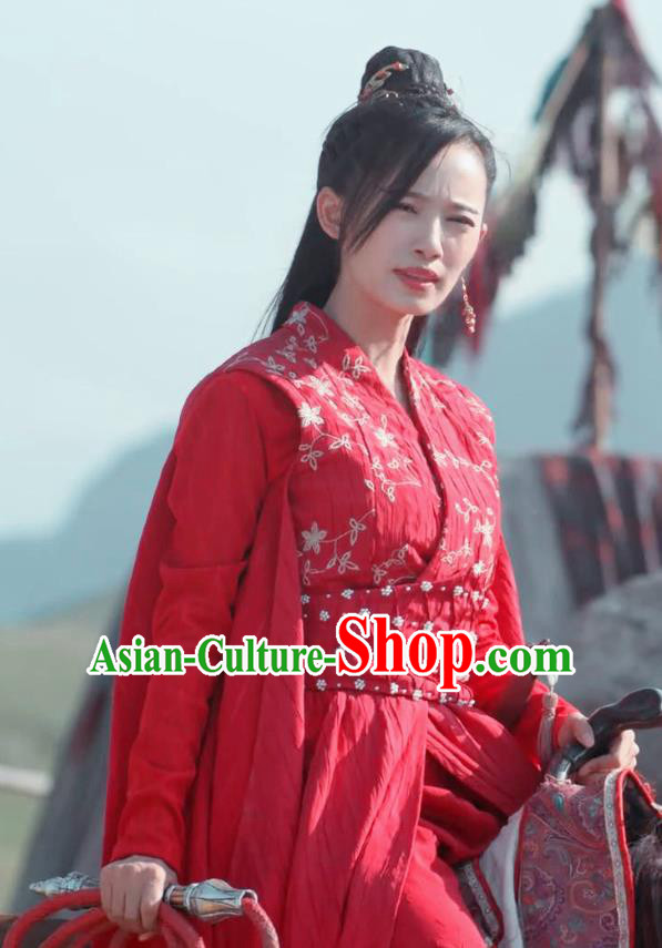 Chinese Ancient Swordswoman Zhang Jing Red Hanfu Dress Drama Handsome Siblings Costume and Headpiece for Women