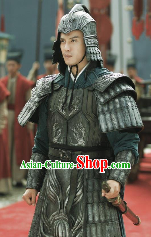 Chinese Drama Princess Silver Ancient General Xiao Sha Armor Historical Costume and Headwear for Men
