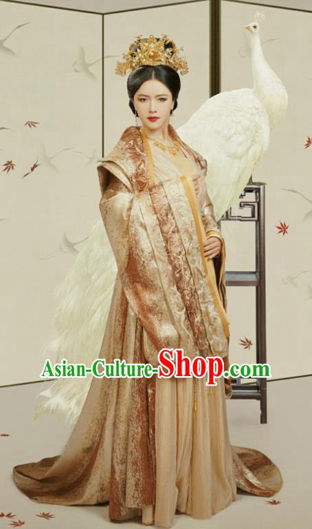 Chinese Ancient Court Queen Mother Fu Yuan Golden Historical Drama Princess Silver Costume and Headpiece for Women